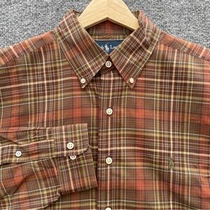 Ralph Lauren Classic Fit Button Down Shirt Mens 16/L Brown Plaid With Pony Logo